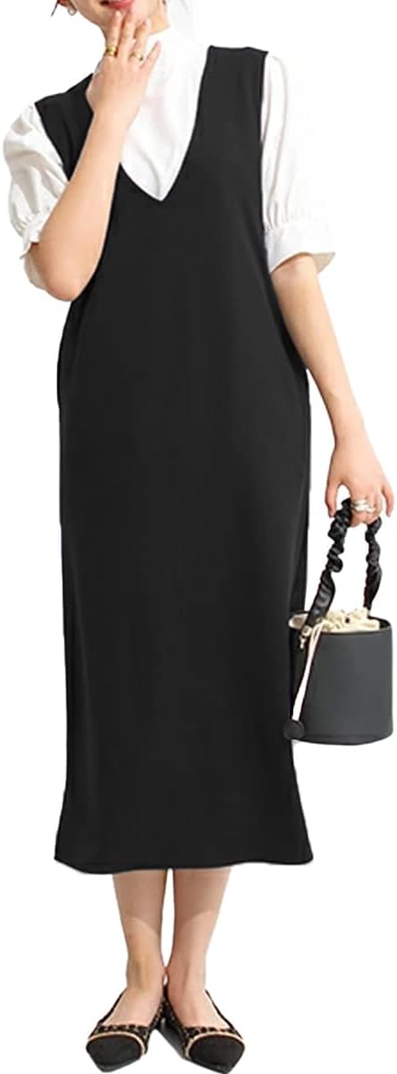 [カリスエンジェル] 春NEWタイプ発売！ 春 ワンピース ジャンパースカート ジャンスカ 深Vネック ロングワンピース Vネック スリット入り きれいめ 無地 レイヤード カジュアル オフィス スリット【 ジョーゼットVネックジャンスカ 】