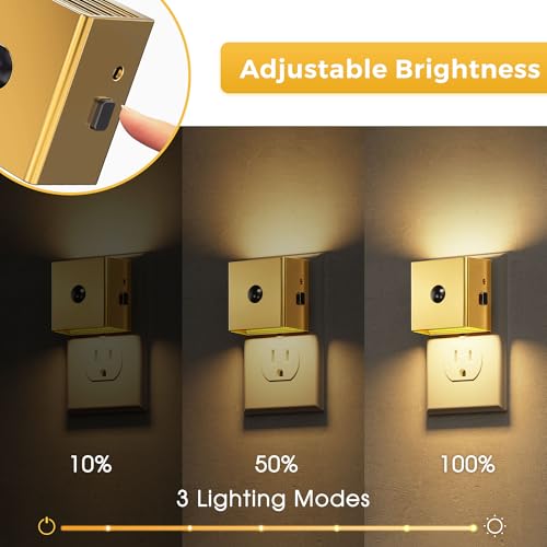 Image of L LOHAS LED Night Light,Plug in Night Light with Motion Sensor and Dusk to Dawn Sensor, Brightness Adjustable,3000K Soft White, Gold Nightlight for Bathroom Hallway Kitchen