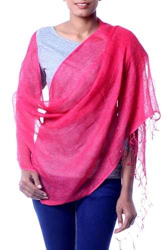 NOVICA Artisan Handcrafted Linen Shawl Wrap from India Accessories Shawls Pink Sangria Solid ' Sheer Hot Pink'3