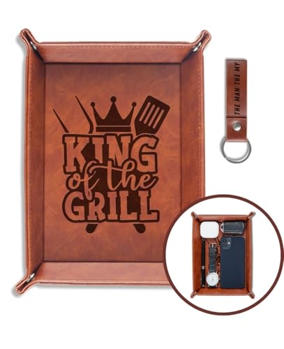INNObeta Grilling Gifts Valet Tray for Male, Men, BBQ Gifts Desktop Storage Organizer PU Leather Bedside Tray Key Coin Holder for Birthday, Christmas - King of The Grill
