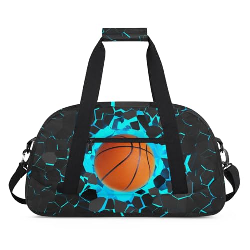 Blue 3D Basketball Kids Overnighter Duffel Bags for Boys, Carry-On Size Sports Gym Bag with Front Zipper Pocket for School Practice or Overnight Travel Weekender Sleepover Tote Bag3