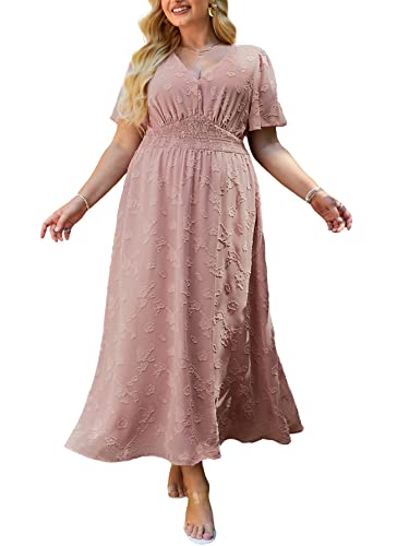 Image of Simplee Women's Plus Size Wedding Guest Dress Short Sleeve Flowy Fall Floral Maxi Dress Boho Maternity Dress for Photoshoot (2XL Pink)