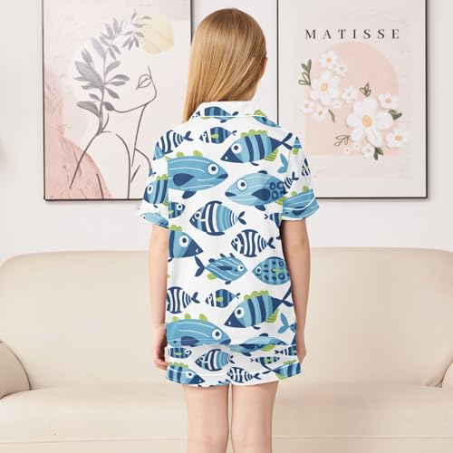 ALAZA Funny Striped Fish Blue Pajamas Satin Pajama Set Short Sleeve Button Down Sleepwear4