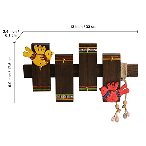 Image of ExclusiveLane 'Birds On Planks' Warli Handpainted Wooden Key Holder for Home Decor Stylish (6 Hooks, Sheesham Wood)| Key Hangers for Wall Key Holder Stand Key Stand for Wall Key Chain Holder for Wall