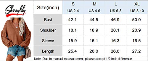 Womens Casual Waffle Knit Shirts Tunic Tops Oversized Sheer V Neck Balloon Sleeve Sweaters Loose Sweatshirts Blouses Khaki #TOP5