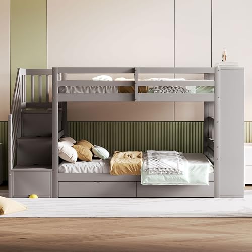 Moimhear Litera de 90 x 200 cm, escalera de seguridad con compartimentos de almacenamiento, cajones de almacenamiento y amplios armarios, estructura alta valla, somier de láminas, cama de pino (gris)