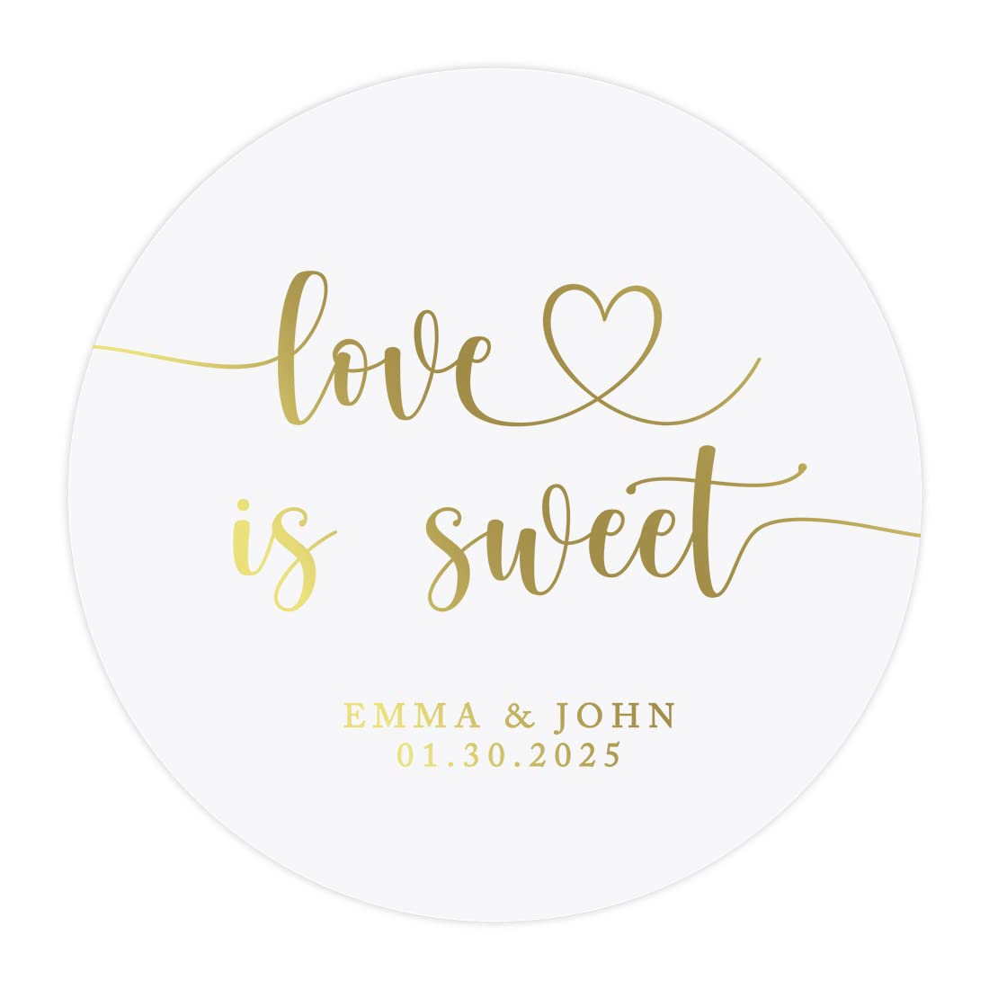 Andaz Press 2" Round Clear Personalized Love is Sweet Stickers, Gold Ink, Love Stickers for Wedding Favors, 40 Pack