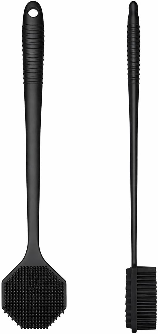 Silicone Back Scrubber with Long Handle, Double-Sided Body Brush for Shower, Soft Flexible Silicone Bristles, Easy-Clean Bath Scrubber for Back & Body, Black