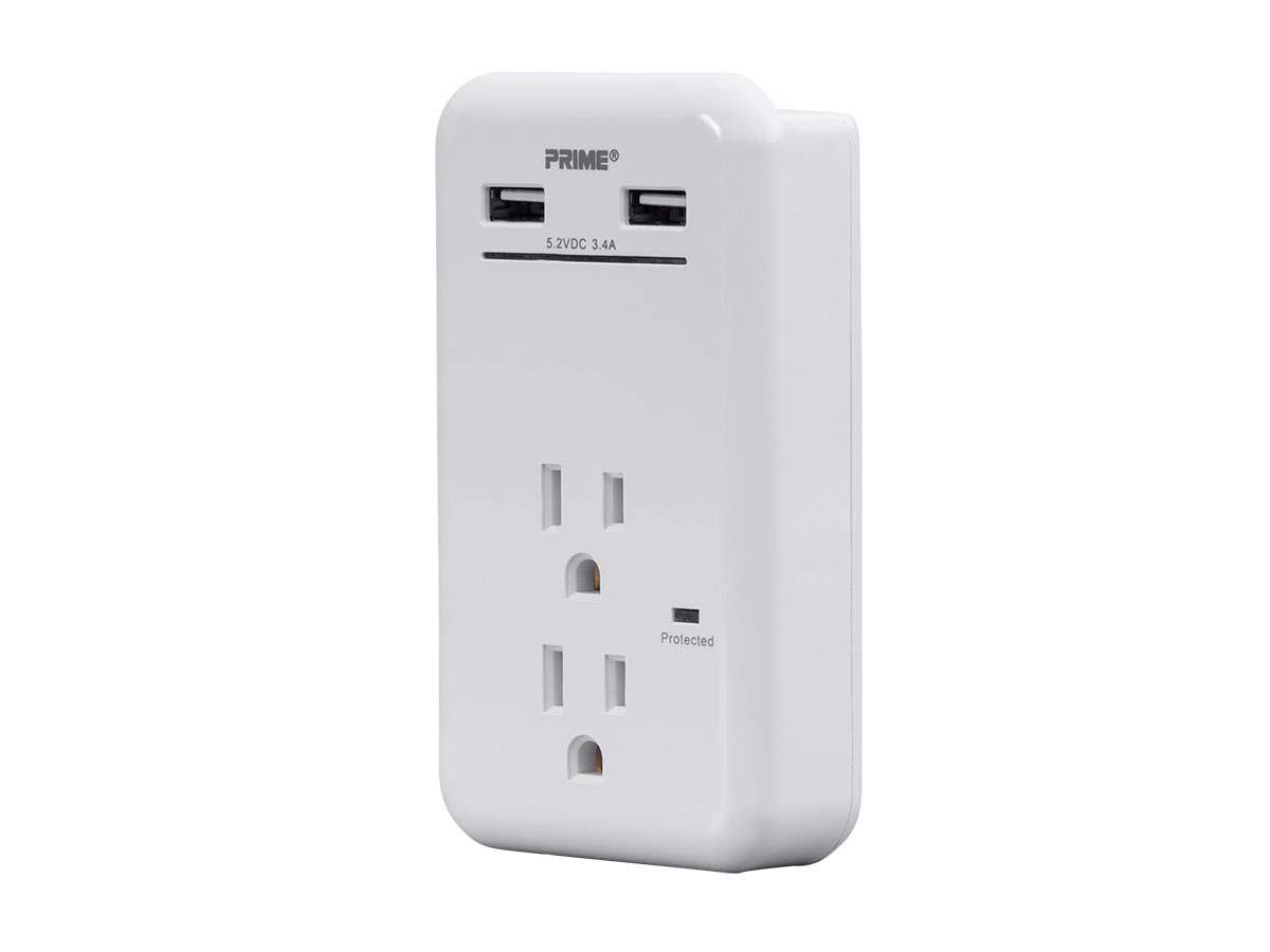 Monoprice 2 Outlet Power Surge Protector Wall Tap with 2 Built in 3.4A USB Charging Ports - White | ETL Rated 450 Joules with Red & Green Protected/Charging Light Indicators