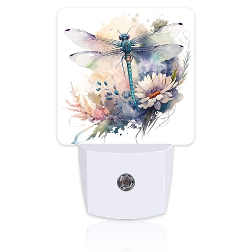 Image of Watercolor Dragonfly Flowers Night Light, Vintage Insect Botanical Floral Leaves Dusk to Dawn Night Light Plug in,0.5w Energy Saving Sleep Friendly NightLight for Kids Boys Girls Home Decor