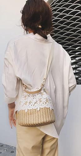 Bolso de paja tejido para mujer estilo cubo miniatura 4