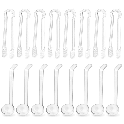 8 Pcs Plastic Punch Ladle with 8 Pcs Clear Plastic Tongs, Clear Serving Spoons, Small Serving Spoons for Dips, Pizza Sauce Ladle, Spoon Ladle for Kitchen Buffet Party Food (Transparent)