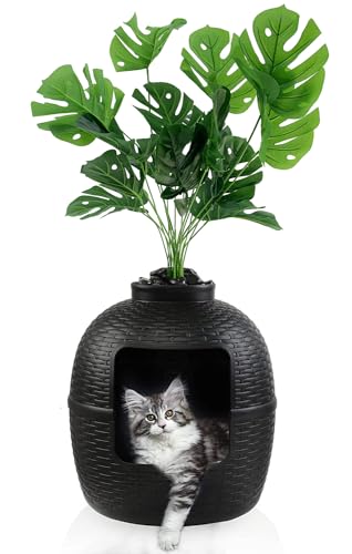 Keygarzone Hidden Litter Box with Faux Plant, Cat Litter Box Furniture with Rattan Pattern for Large Cat, Carbon Filter, Easy Assemble & Clean, Black