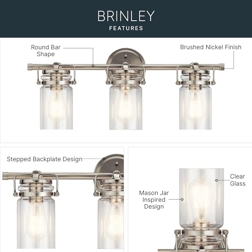 Image of Kichler Brinley 24 inch Vanity Light in Brushed Nickel, 3-Light Farmhouse Bathroom Vanity Light with Clear Glass, (24 inch W x 10 inch H), 45689NI