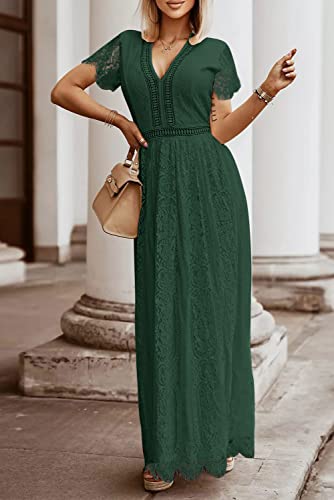 Merokeety Women's V Neck Short Sleeve Floral Lace Wedding Dress Bridesmaid Cocktail Party Maxi Dress Darkgreen #TOP1