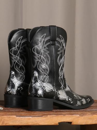 Image of Python Manning Men's Boots Cowboy for Men Classic Pointed Toe Western Pull Up Snakeskin Embroidered Mid-Calf Boots