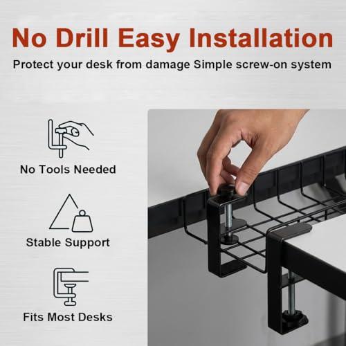 Image of Under Desk Cable Management Tray, No-Drill Clamp-On Wire Organizer Basket with Retractable Design, 29.5x7.5 in Large Storage Tray with Zip Ties & Cable Clips for Office Desk and Home Workspace