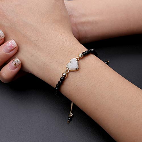 Top Plaza Womens Girls 4Mm Beads Black Tourmaline Chakra Healing Crystal Bracelet Gold Lava Rock Stone Adjustable Bracelets With Heart Shape Druzy Charm #TOP1