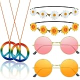 Contenido del paquete: recibirás 2 diademas de margaritas, 2 pares de gafas de sol coloridas, 2 collares de signo de paz