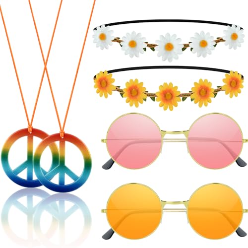 NEBURORA 6Pcs Hippie Costume Accessories Set 60s 70s Daisy Headband Peace Sign Necklaces Hippie Sunglasses Costume Supplies for Carnival Party