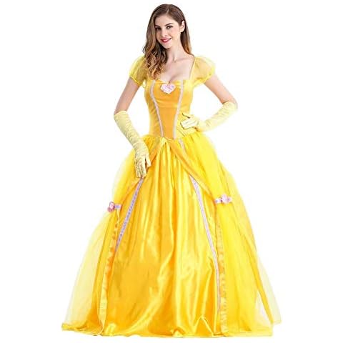 Adult Beauty and The Beast Bell Princess Costume Women Fancy Dress Party Costume COS Belle Princess Photo Photography Carnival Halloween Costume((Dress + Gloves) Yellow M Cover