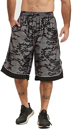 HQUEC Men's 12" Long Basketball Shorts Athletic Workout Gym Camo Shorts Below Knee Loose-Fit with Pockets Silver XL