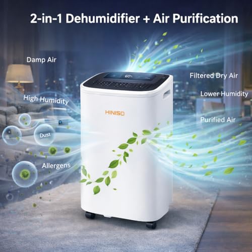 Image of HINISO 10L Smart Compressor Dehumidifier with HEPA 13 Air Purifier Filter Combo for Up to 2000 Sq.ft | WiFi App Control | Removes Moisture, Dust & Odours | Auto Defrost, Clothes Dry Mode, 2.5L Tank