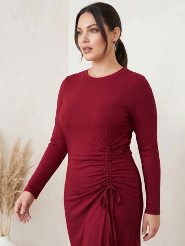 Image of Selvia Women's Ribbed Lycra Midi Dress | Long Sleeve Round Neck Ruched A-Line Dress | Casual, Party & Office Wear