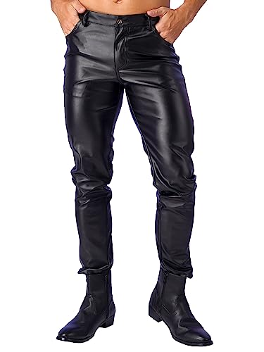 easyforever Men's Faux Leather Zipper Fly Pockets Pants Slim Fit Moto Biker Pants Clubwear2