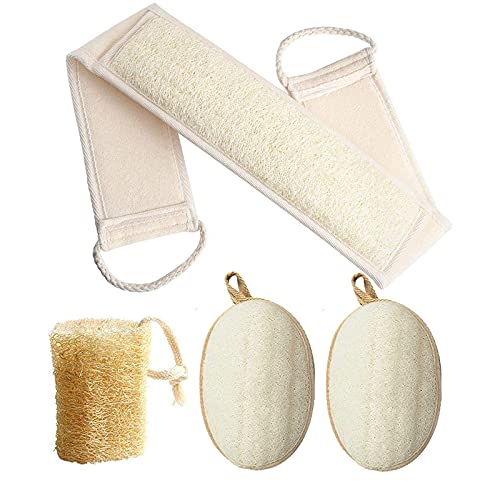 4 in 1 Exfoliating Natural Loofah Back Scrubber Set,Luffa Sponge(short),Loofah Back Scrubber and 2 Loofah Pads for Deep Clean&Invigorate Your Skin,Loofah Exfoliating Scrubber Set for Women and Men