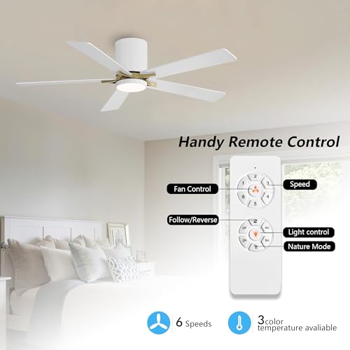 WINGBO 48" DC Flush Mount Ceiling Fan with Lights, 5 Plywood Blades, 6-Speed Reversible DC Motor, 3CCT, Low Profile Hugger Ceiling Fan for Living Room Bedroom Kitchen, White and Brass by WINGBO - Image 2