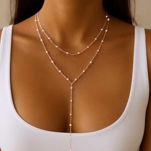 lariat gold necklace for women dainty long necklace 14k gold platedsilver y-shaped pendant drop chain trendy layered pearlbeadedcz necklaces simple gold jewelry for women gift