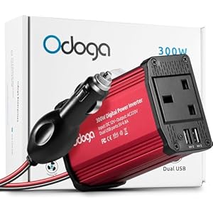 Odoga 300W Car Power Inverter 12V to 240V / 230V Converter, Dual USB 4.8A Charging Ports – Charge Your Laptop, iPad, iPhone, Tablet, Consoles & More – Durable and Powerful – Red Aluminum Body
