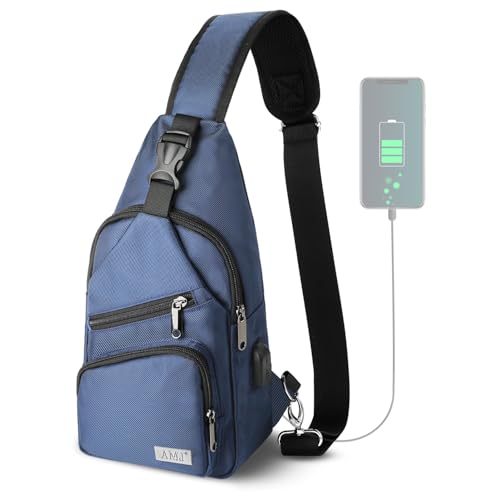 AMJ Crossbody Sling Bag Men Women, Casual Shoulder Backpack, Chest Daypack Satchel for Hiking Travel Blue Large