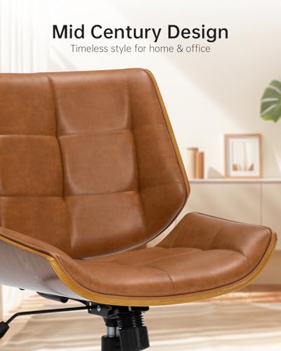 Image of Home Office Chair No Arms,Armless Adjustable Height Small Desk Chair,PU Leather Swivel Computer Chair with Wheels,Mid-Century Modern Walnut Mid Back Chair for Office, Reading Room,Bedroom(Brown)