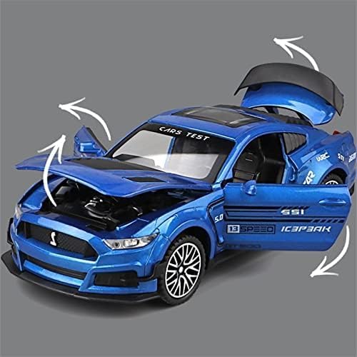 Image of PINQUE Kids New Car 1:32 Mastang Diecast Alloy Metal Pull Back Car with Openable Doors Music Sound and Light Vehicle Toy Car for Boys (Blue)