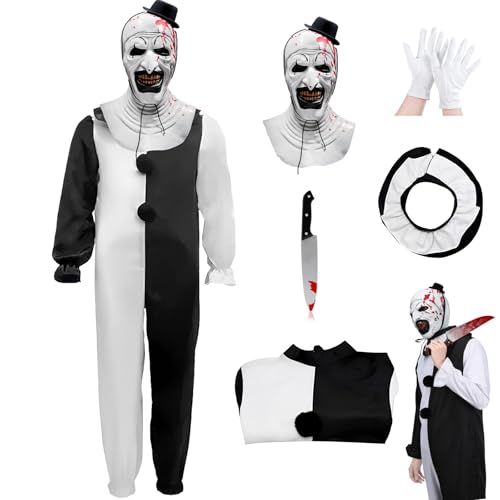 Makoike Art the Clown Costume Adult Terrifier Costume with Scary Clown Mask Horror Killer Jumpsuit Halloween Outfit Props