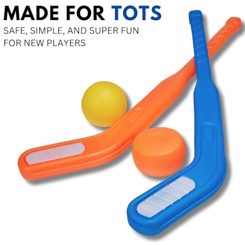 Kids Floor Hockey Stick Bulk Set - 29\" Youth Indoor Toys Sports Starter Set with Large Plastic Pucks and Balls for Toddlers, Children (6 Pack)