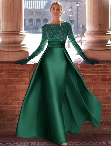 Sequin Satin Prom Dress Long Sleeve Ball Gowns Boat Neck A Line Formal Evening Gown for Women with Skirt3