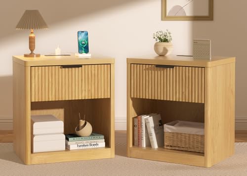 HOMMPA 24'' Fluted Nightstand Set of 2 with Charging Station, Modern Bedside Table with Storage, 3 Drawers Beside End Table, Mid Century Wood Night Stand with Curved Profile for Bedroom, Living Room