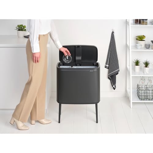 Image of Brabantia Bo Touch Top Kitchen Trash Can with Dual Compartments & Raised Legs | Confident Gray | 3 + 6 Gal Inner Buckets | Soft-Close Garbage Can, Stay-Open Lid | Fits Against Wall | + Trash Bags