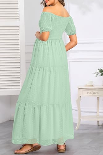 Image of Off The Shoulder Maternity Dress for Baby Shower - Women's Boho Swiss Dot Smocked Puff Sleeve Maxi Dress