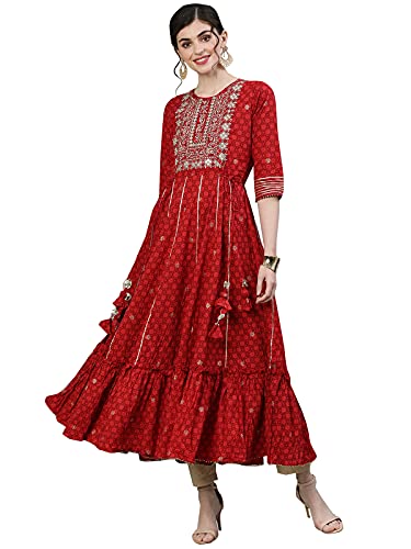 Image of Ishin Women's Cotton Regular Fit Anarkali Embellished Zari Embellished Print Red Kurti