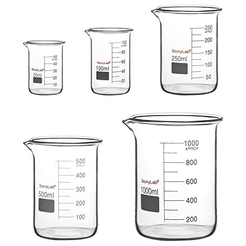 stonylab Set di Becher in Vetro, Vetro Borosilicato Becher Griffin Graduati a Forma Bassa in 5 Dimensioni, 50ml/100ml/250ml/500ml/500ml/1000ml (1L), Confezione Combinata