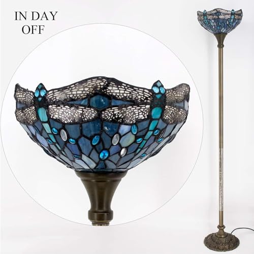 WERFACTORY Tiffany Lamp Shade Replacement 12X6 Inch Sea Blue Stained Glass Dragonfly Lampshade Only 1-5/8-Inch Fitter Opening for Arched Floor Lamp, Torchiere Lamp, Pendant Light S147 Series