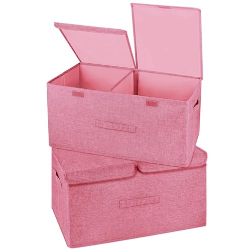 Image of 2 Pack Storage Boxes with Lids and Handles, Collapsible Linen Storage Bins Organizer Containers Baskets Cube with Removable Divider for Home Bedroom Closet Office (Pink, Large)