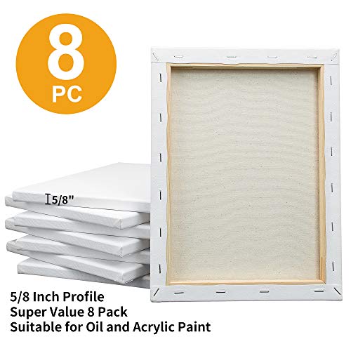 Image of FIXSMITH Stretched White Blank Canvas - 9x12 Inch, Bulk Pack of 8, Primed,100% Cotton, 5 /8 Inch Profile of Super Value Pack for Acrylics,Oils & Other Painting Media.