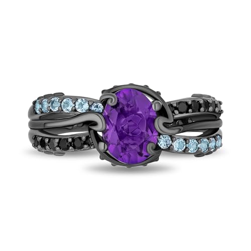 Jewelili Enchanted Disney Fine Jewelry Black Rhodium over Sterling Silver with 1/8 CTTW Diamonds, Amethyst and Swiss Blue Topaz Ursula Ring, Size 82