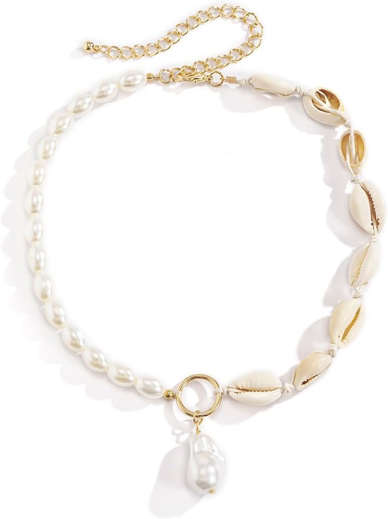Shell Necklace for Women, Natural Pearl Choker Necklace, Adjustable Seashell Necklac, Handmade Shell Clavicle Necklace, Summer Hawaiian Style Braided Rope Natural Shell Necklace Boho Beach Jewelry
