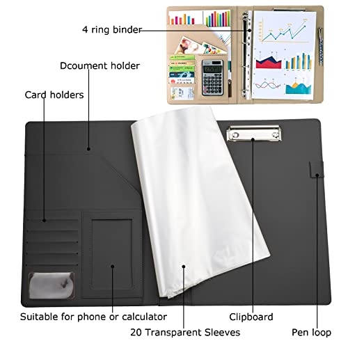 Enyuwlcm Pu Leather Padfolio Ring Binder With Clipboard Resume Leather Portfolio With 20 Clear Plastic Sleeves Black #TOP3